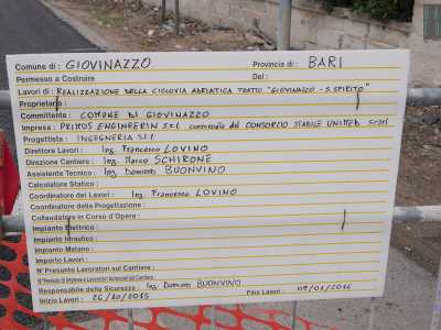 Il cartellone che annuncia l'inizio e la fine dei lavori per la pista ciclabile che collega Giovinazzo a Santo Spirito